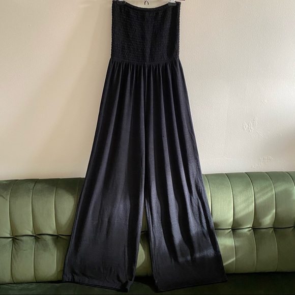 Strapless Smocked Wide Leg Jumpsuit in Black - Picture 2 of 4